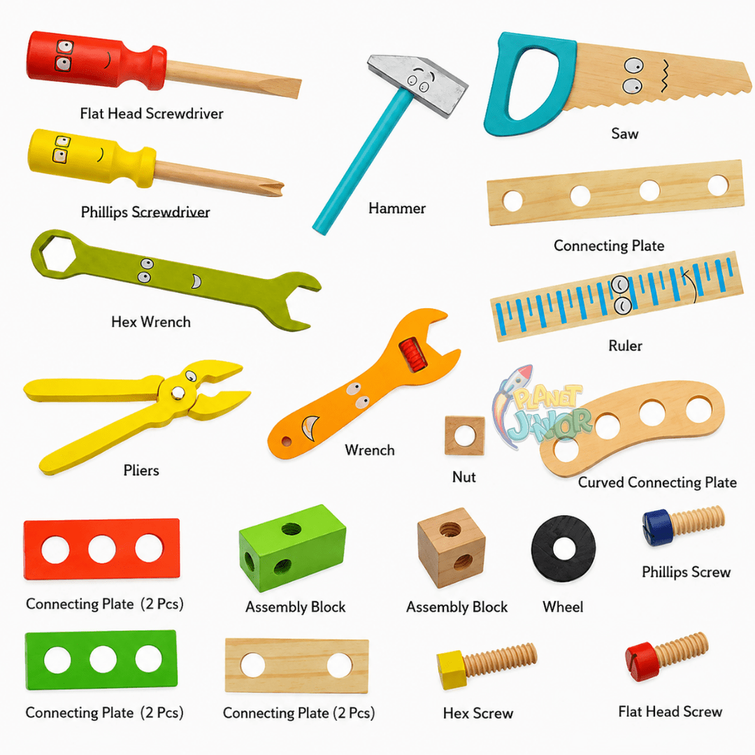 34 PCS Wooden Tool Box & Construction Set for Kids