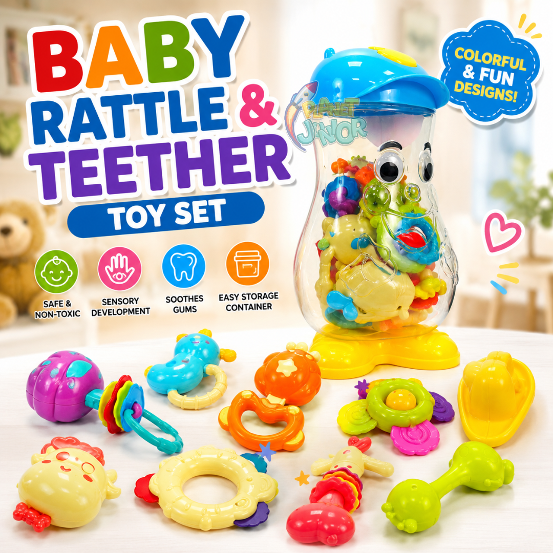 Colorful Baby Rattle & Teether Toy Set with Character Storage Container