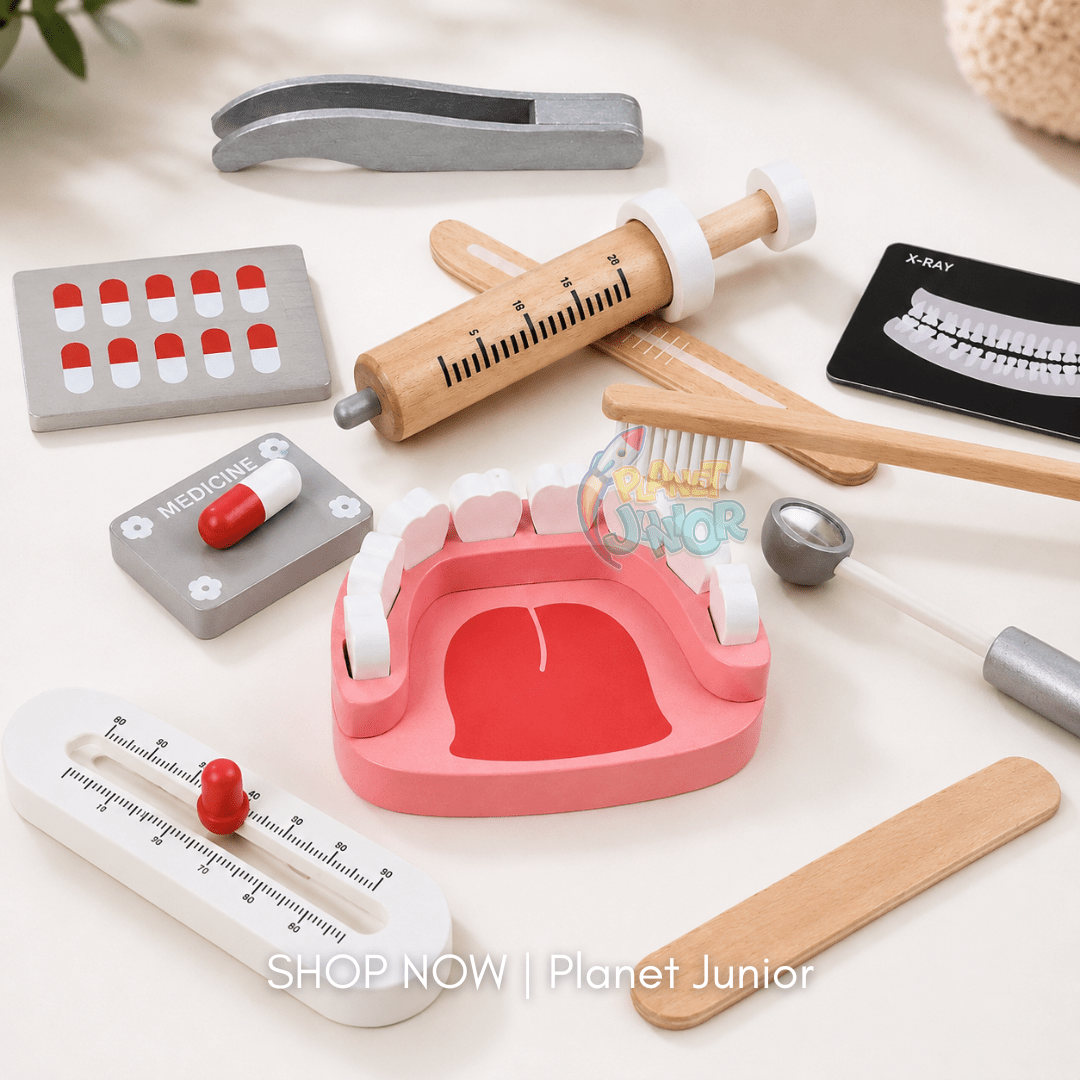 Wooden Doctor & Dentist Pretend Play Kit with Carry Bag for Kids