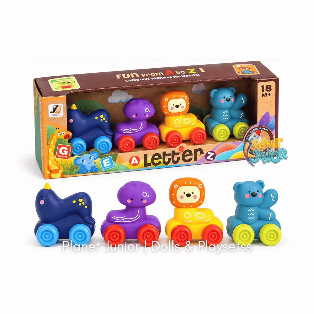 Alphabet Animal Rubber Rolling Cars Set for Early Learning & Play