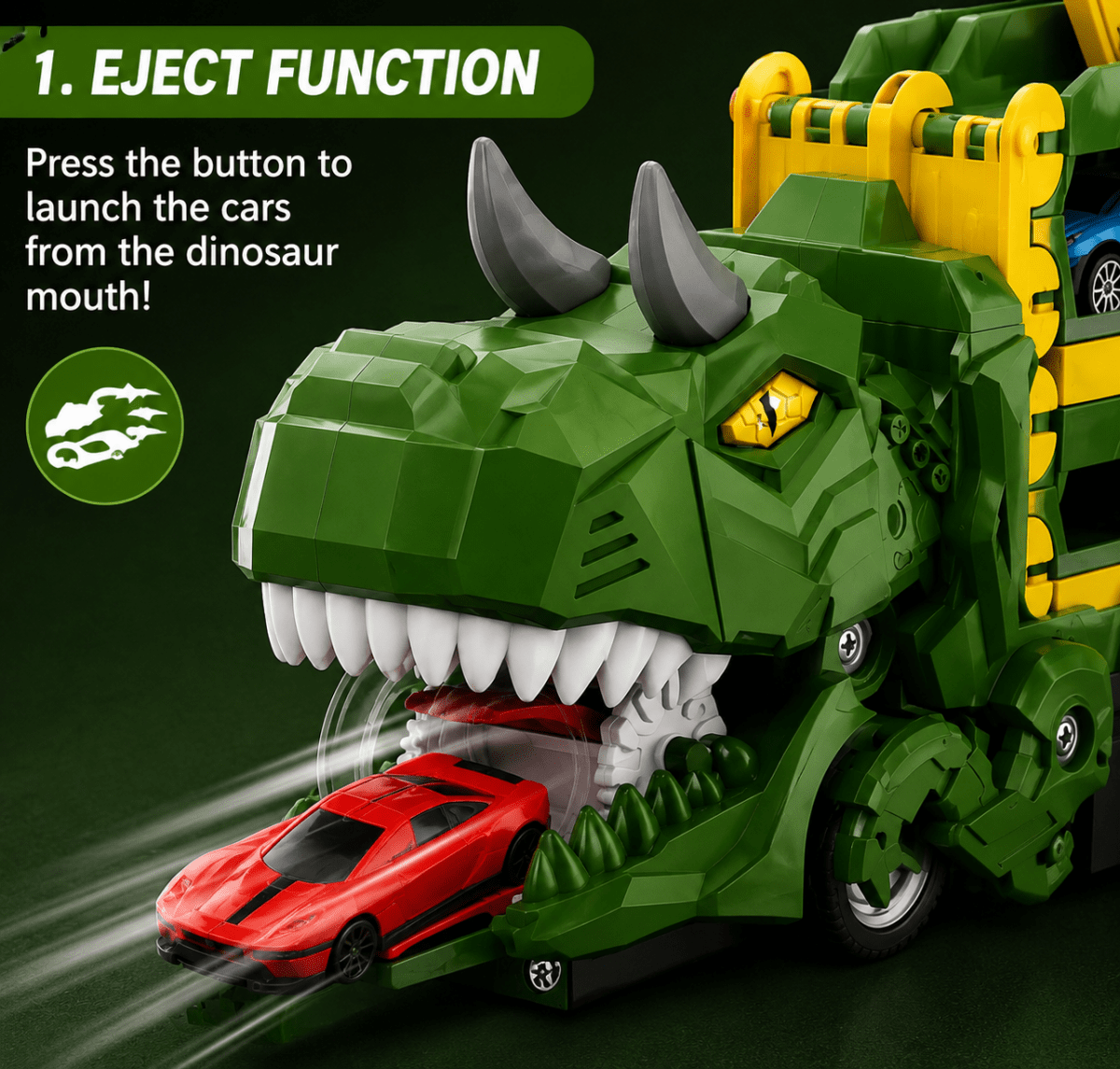 Dinosaur Truck Transporter Play Set – 2 PCS Folding Dino Carrier with Race Track & 4 Mini Cars
