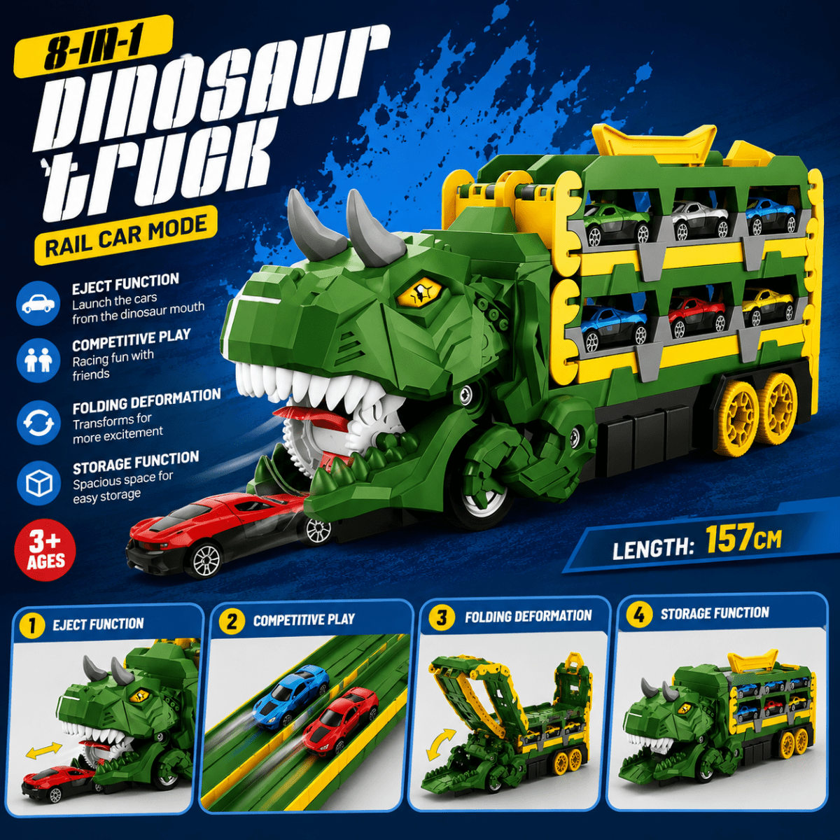 Dinosaur Truck Transporter Play Set – 2 PCS Folding Dino Carrier with Race Track & 4 Mini Cars