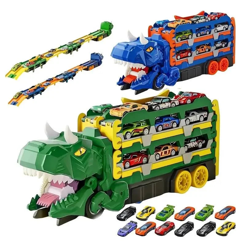 Dinosaur Truck Transporter Play Set – 2 PCS Folding Dino Carrier with Race Track & 4 Mini Cars