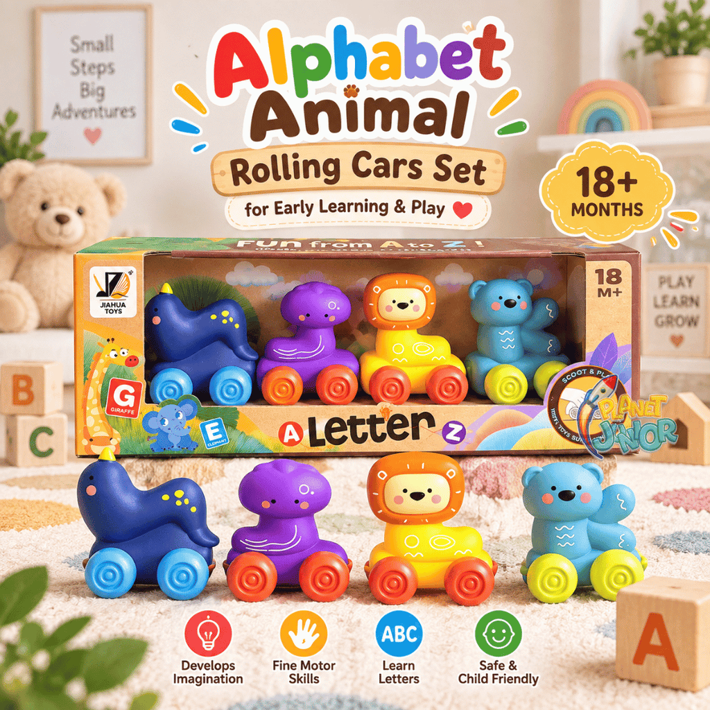 Alphabet Animal Rubber Rolling Cars Set for Early Learning & Play