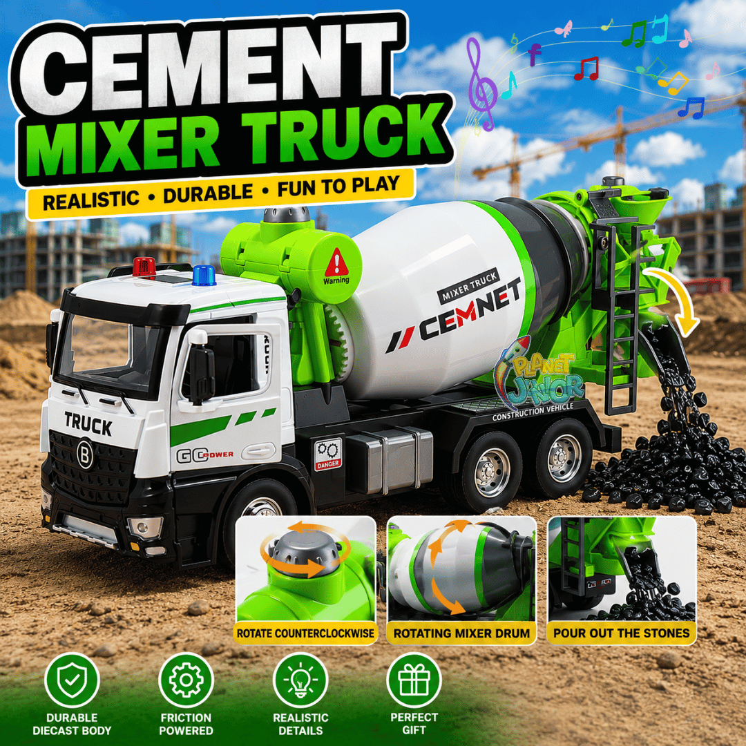 Diecast Cement Mixer Truck with Rotating Drum and Realistic Load & Pour Function