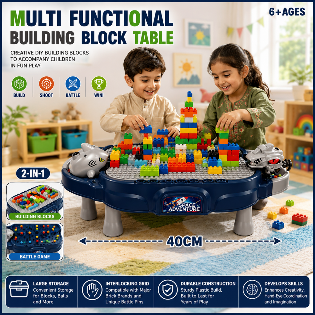 Multifunctional 2-in-1 Building Block Battle Table with Ball Shooting Game & Creative Construction Play