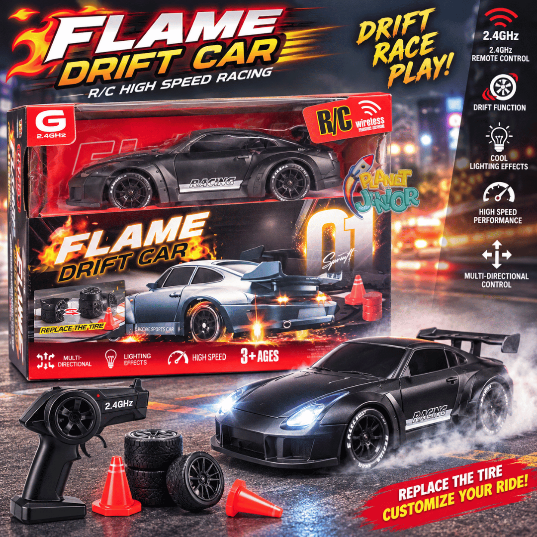 2.4GHz RC Flame Drift Sports Car with Lights & Replaceable Drift Tires- 3-Way Control Remote, Watch & Phone