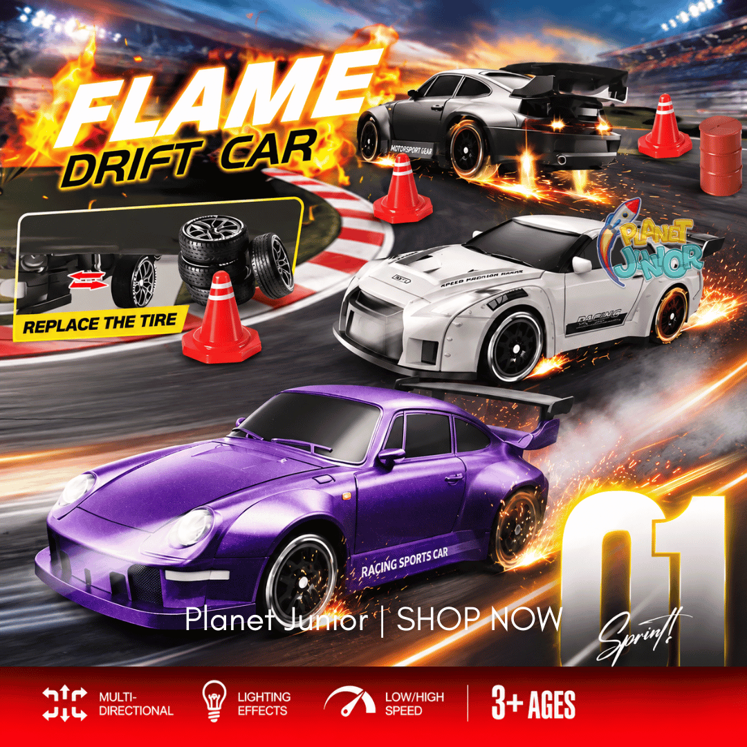 2.4GHz RC Flame Drift Sports Car with Lights & Replaceable Drift Tires- 3-Way Control Remote, Watch & Phone