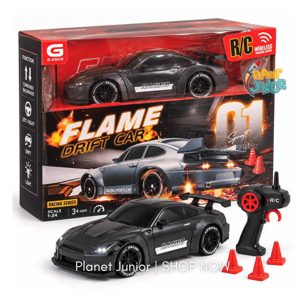 2.4GHz RC Flame Drift Sports Car with Lights & Replaceable Drift Tires- 3-Way Control Remote, Watch & Phone