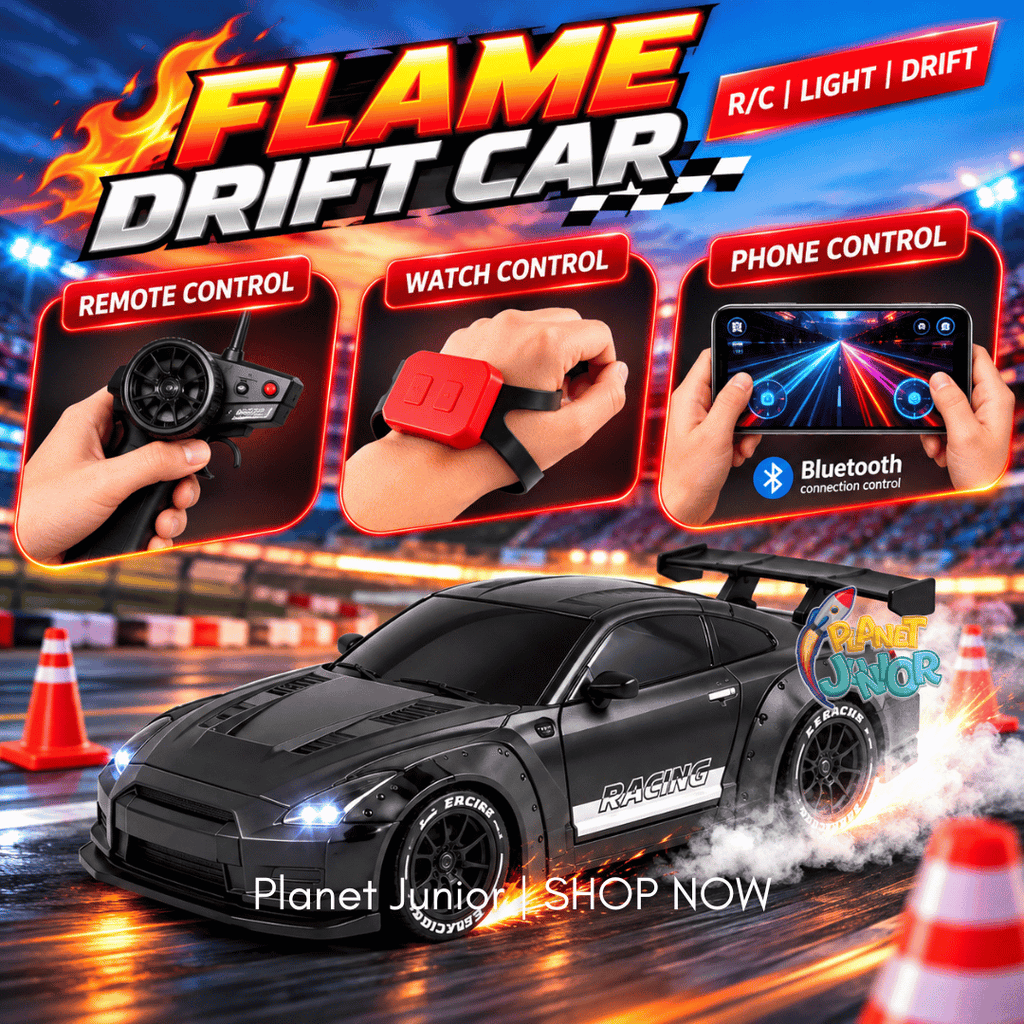 2.4GHz RC Flame Drift Sports Car with Lights & Replaceable Drift Tires- 3-Way Control Remote, Watch & Phone