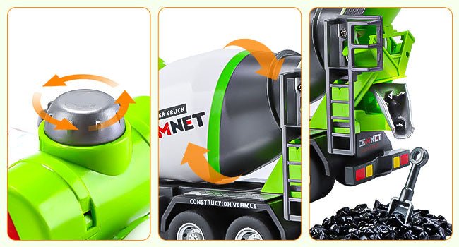 Diecast Cement Mixer Truck with Rotating Drum and Realistic Load & Pour Function