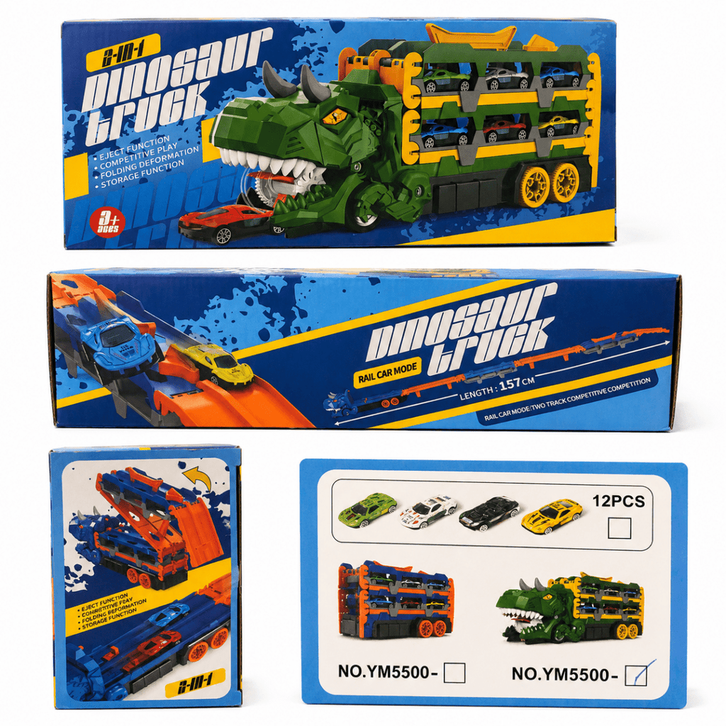 Dinosaur Truck Transporter Play Set – 2 PCS Folding Dino Carrier with Race Track & 4 Mini Cars