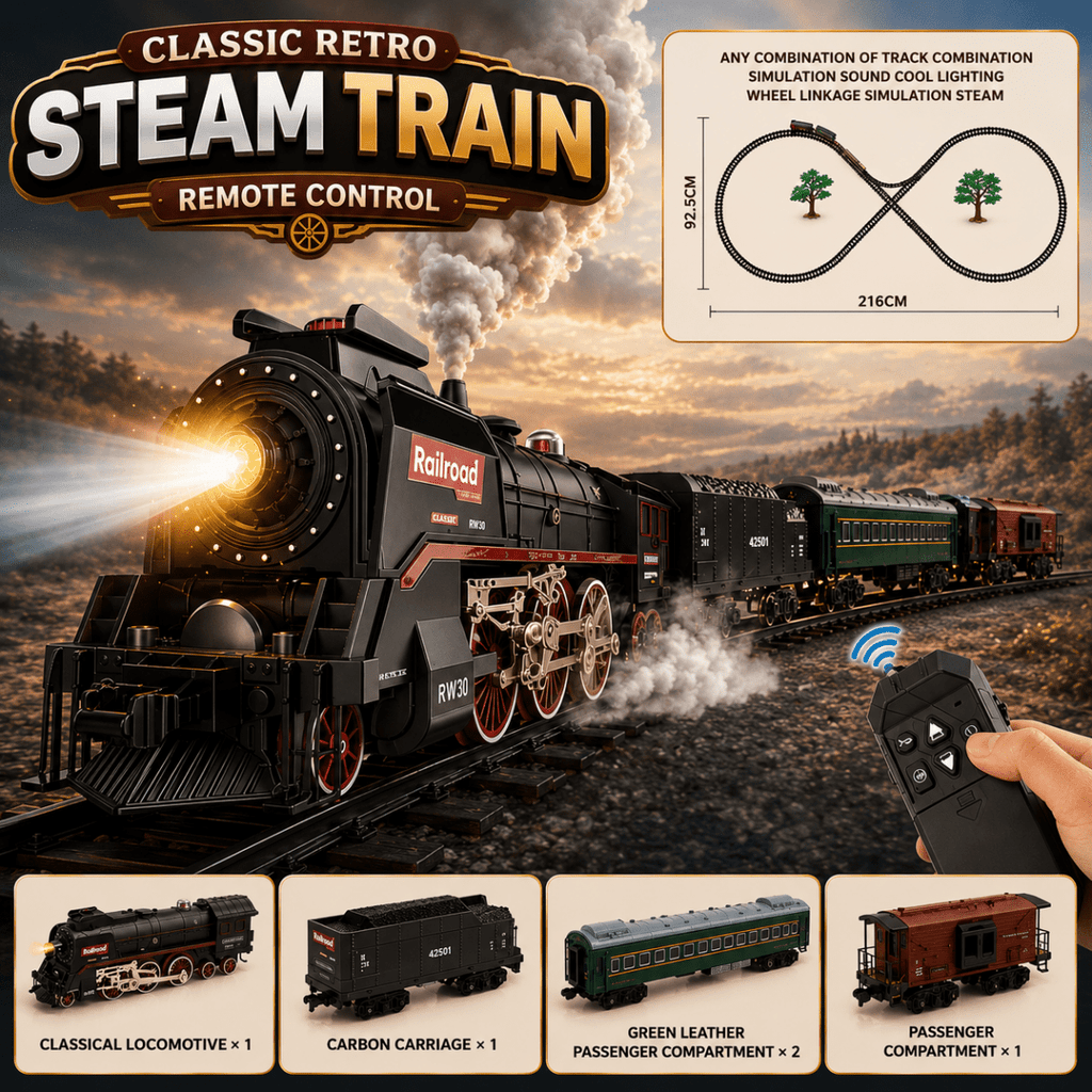 Classical Railroad R/C Steam Train Set with Real Steam, Lights & Sounds (660+ cm Track)