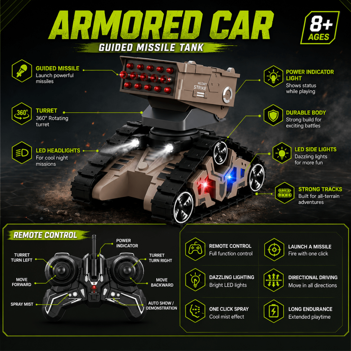 Armored Guided Missile RC Battle Tank & Missile Launcher