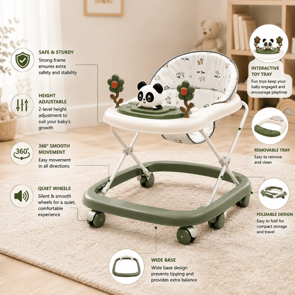 Panda with Twin Rotating Flowers Foldable Baby Walker with Activity Tray