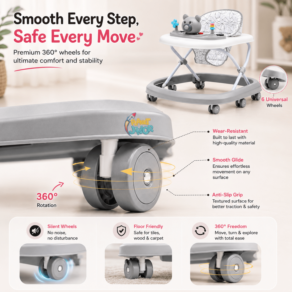 Foldable Baby Walker with Interactive Bear Activity Tray