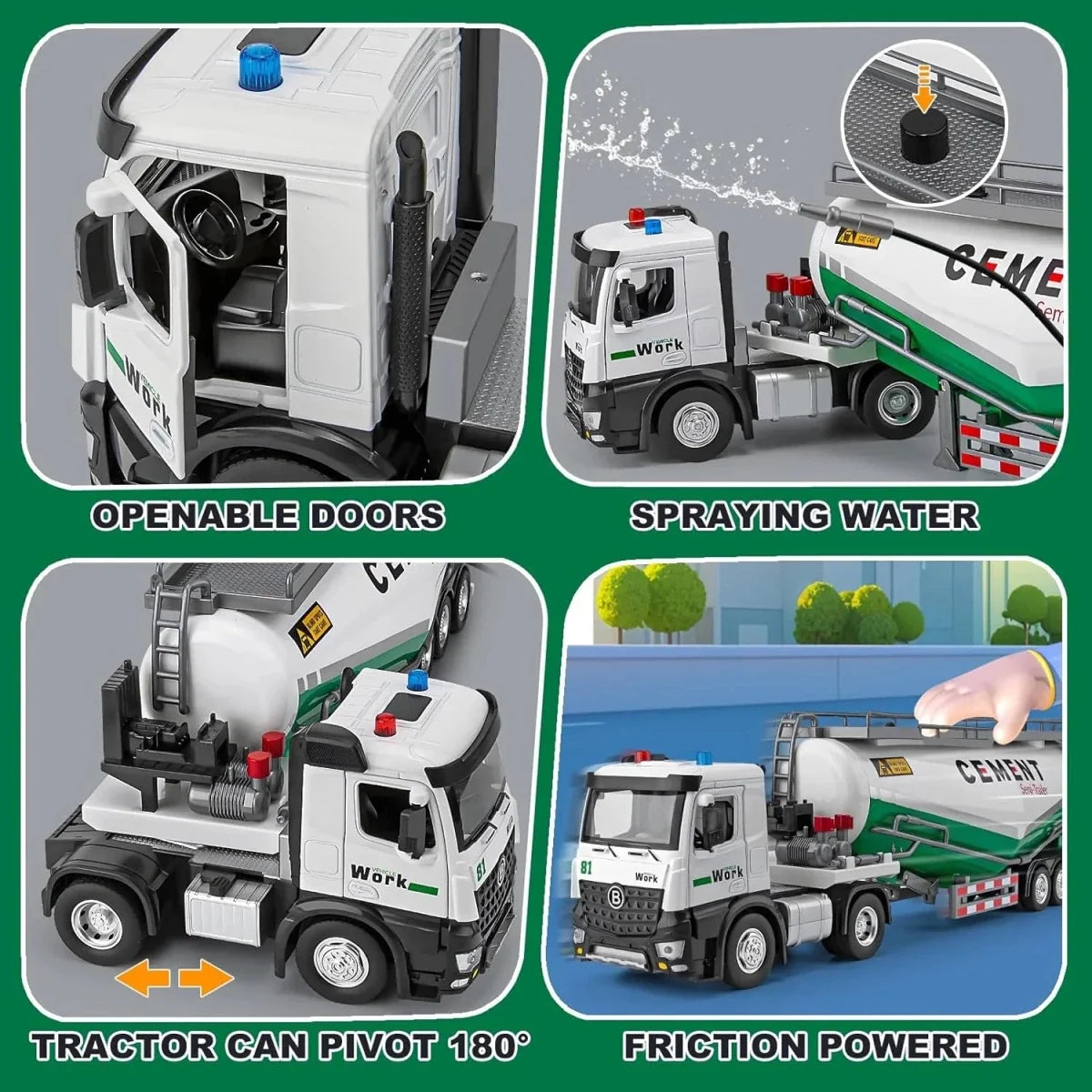 17 inch Diecast Cement Tanker Truck with Real Water Soray Function