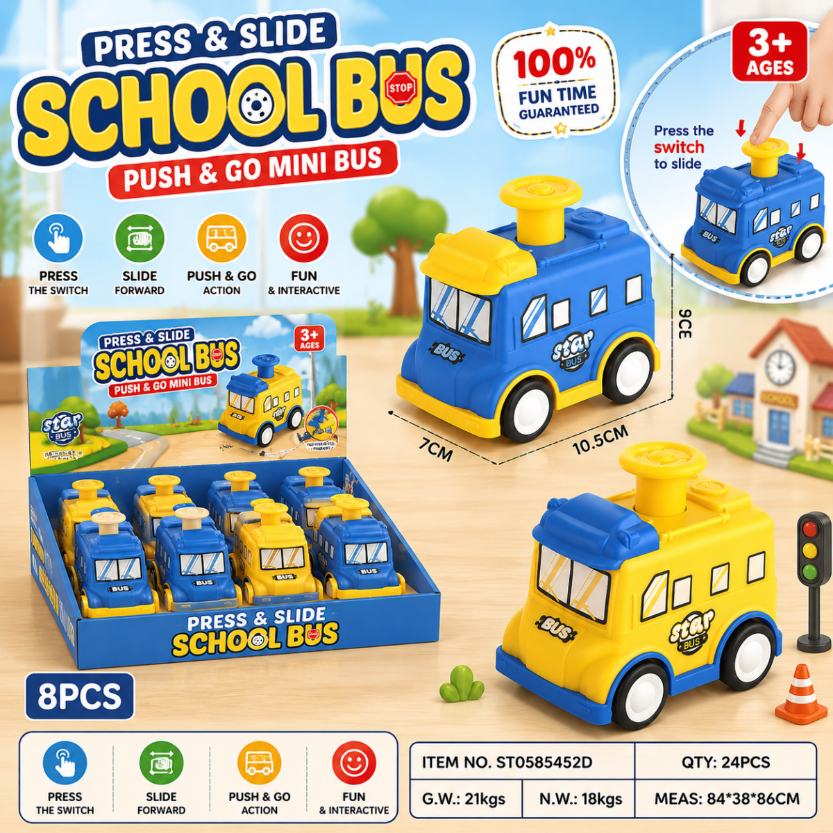 Press & Slide School Bus Toy – Push & Go Mini Bus | 1Pc