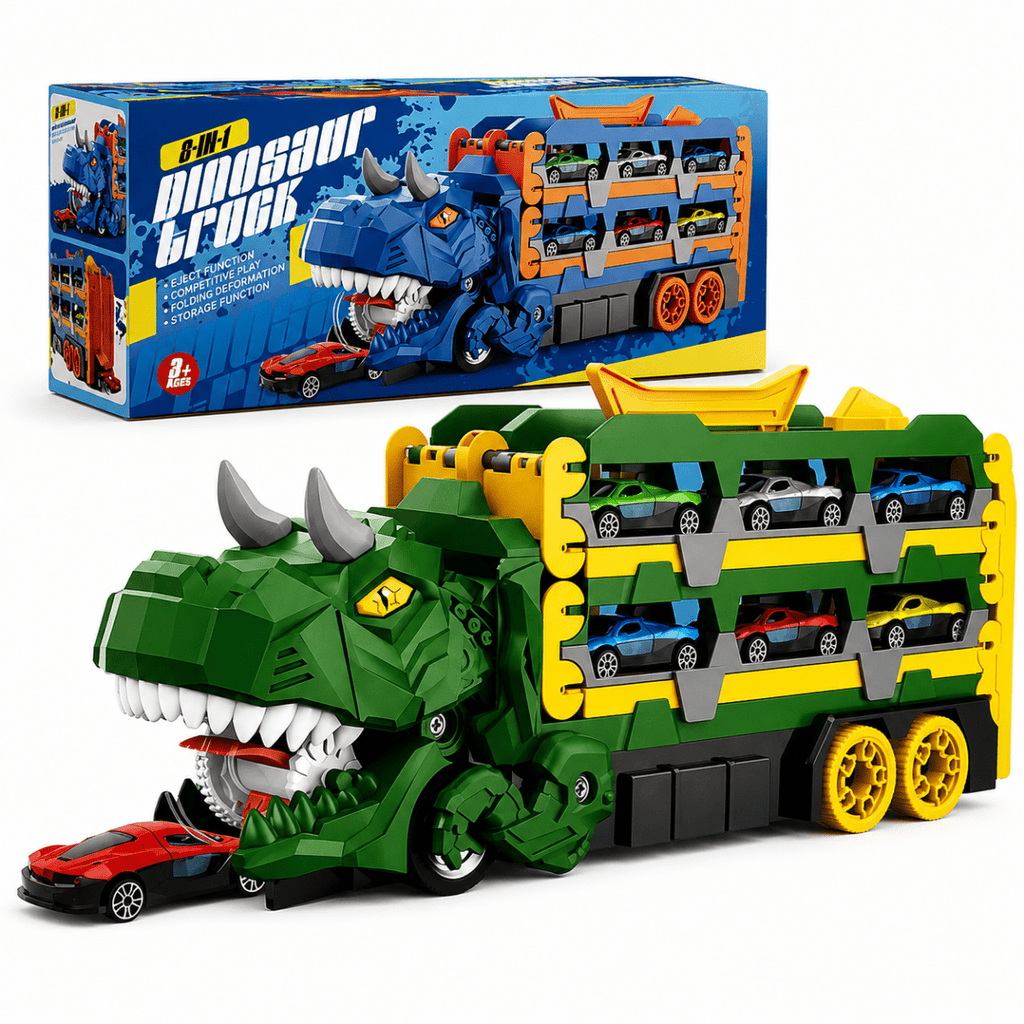 Dinosaur Truck Transporter Play Set – 2 PCS Folding Dino Carrier with Race Track & 4 Mini Cars
