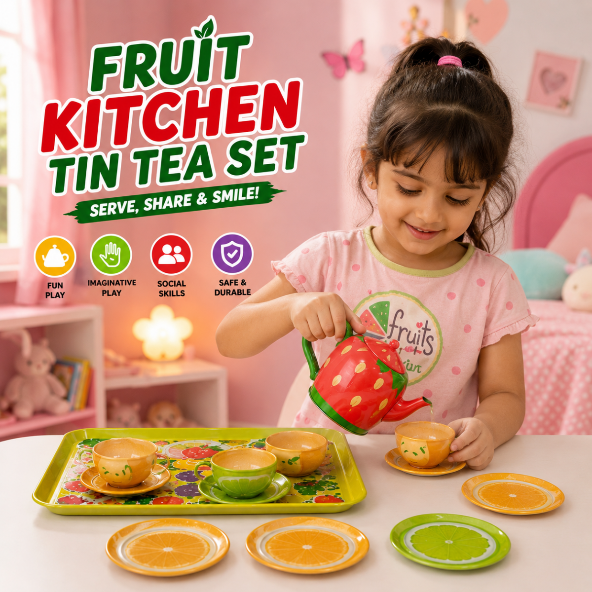 Fruity Metal Tea Set – 14 Pcs Kids Pretend Kitchen Play Set