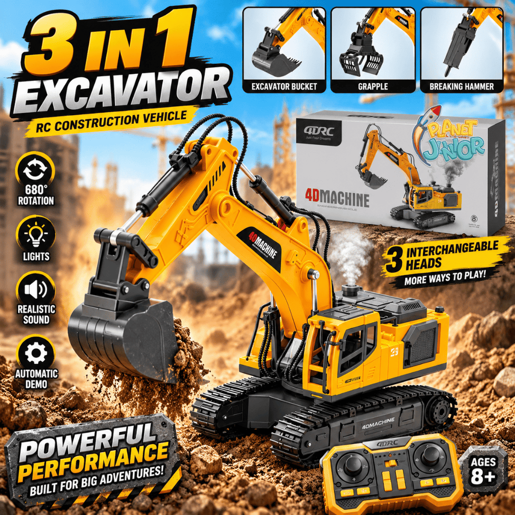 3-in-1 RC Excavator Construction Machine with Interchangeable Attachments, Smoke, Lights & Sound