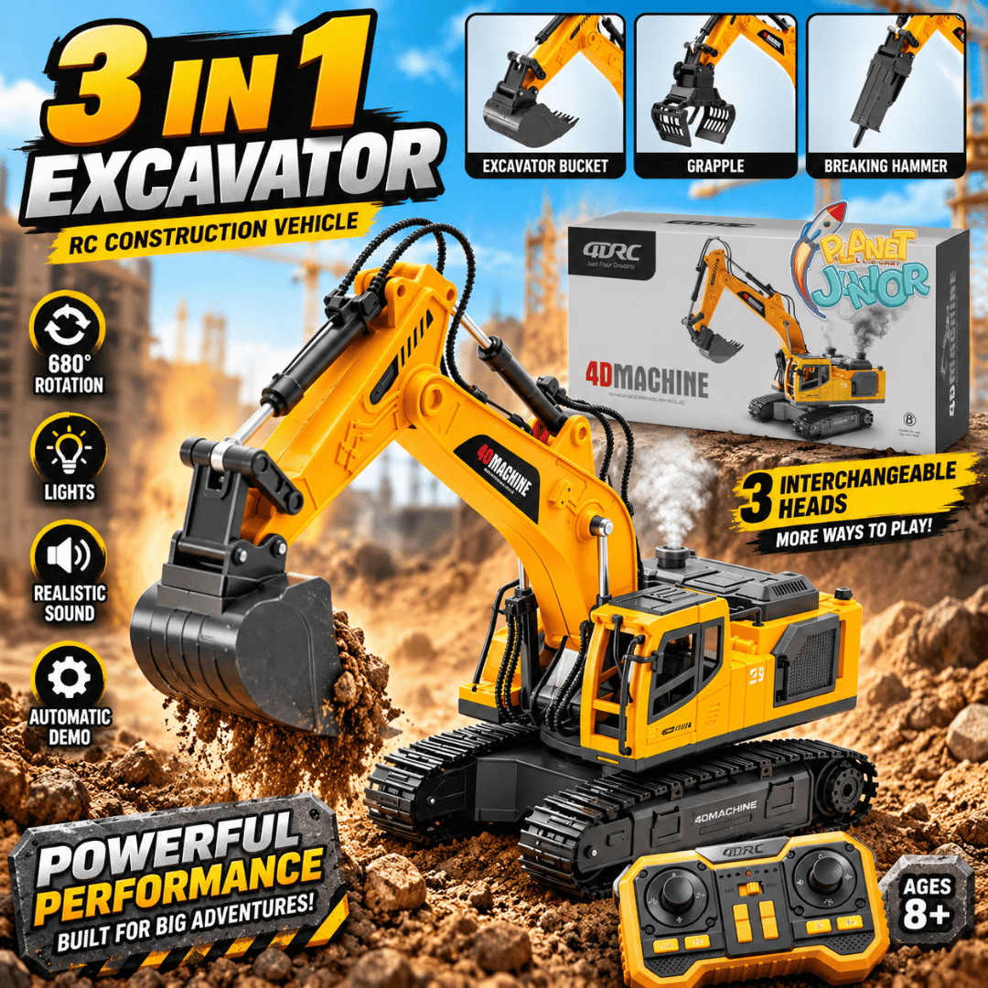 3-in-1 RC Excavator Construction Machine with Interchangeable Attachments, Smoke, Lights & Sound