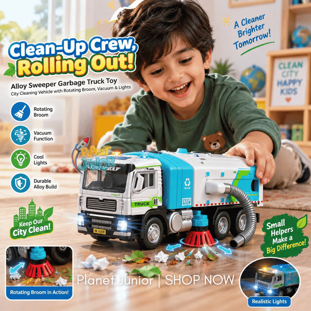 🚛 1:50 Alloy Sweeper Garbage Truck Toy – City Cleaning Vehicle with Rotating Broom, Vacuum &amp; Lights