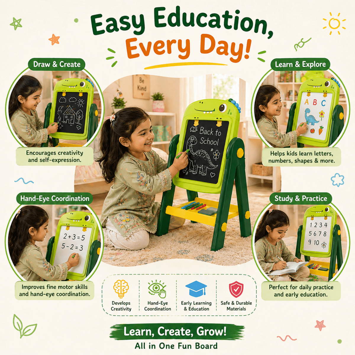 Artist Kids Dino Drawing Easel Board – Double-Sided Creative Learning Station