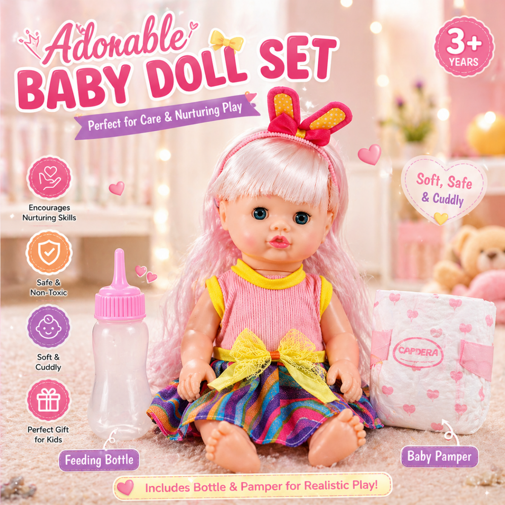 Baby Doll Care Set – Soft Body Doll with Feeding Bottle & Diaper