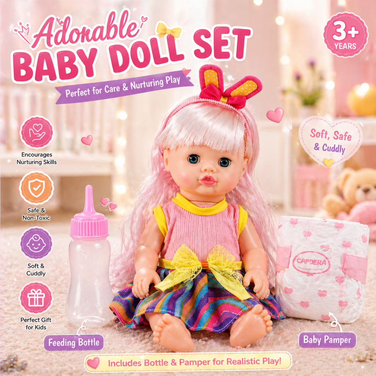 Baby Doll Care Set – Soft Body Doll with Feeding Bottle & Diaper