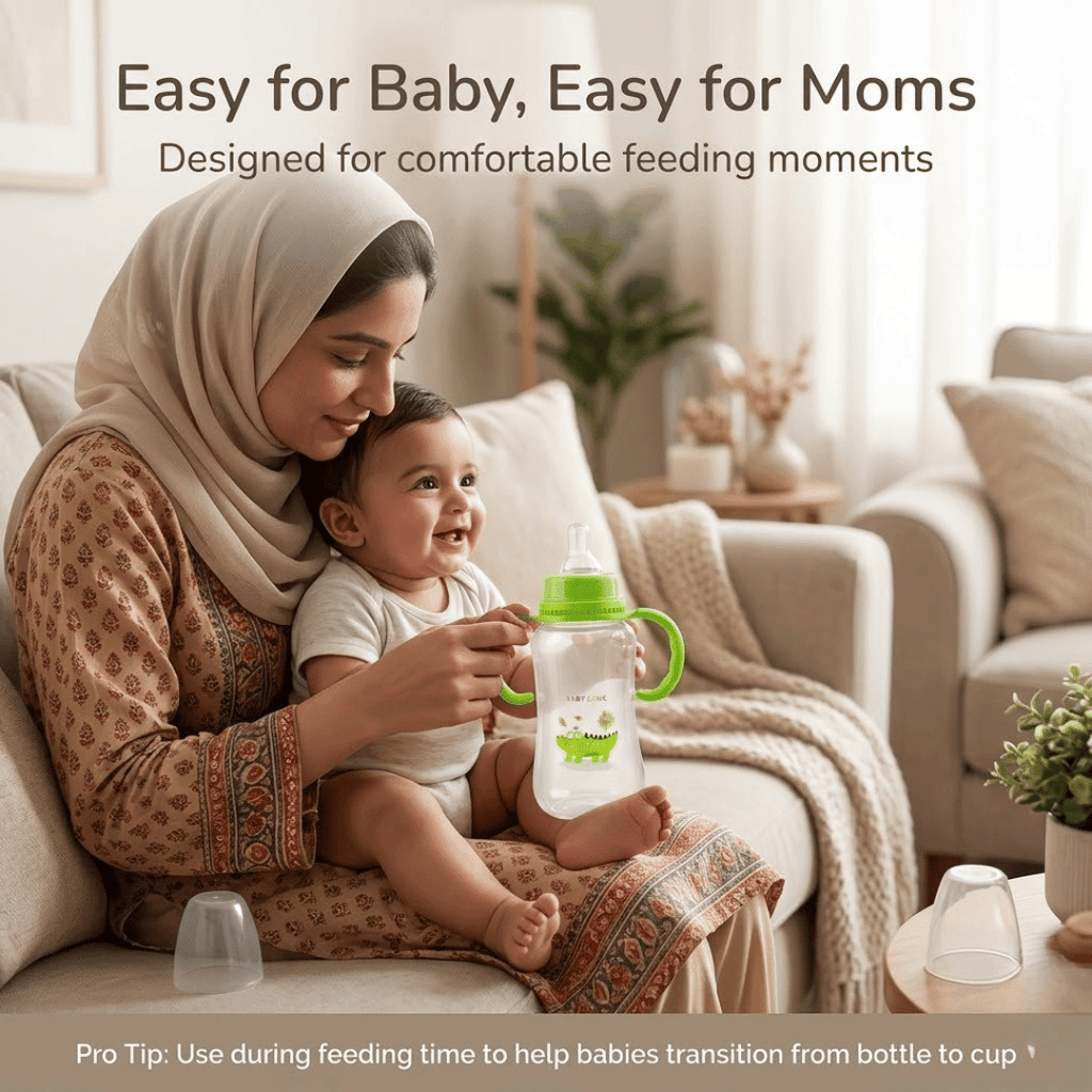 Baby Love Training Sippy Bottle – Soft Nipple, Easy-Grip Handles & Anti-Colic Design