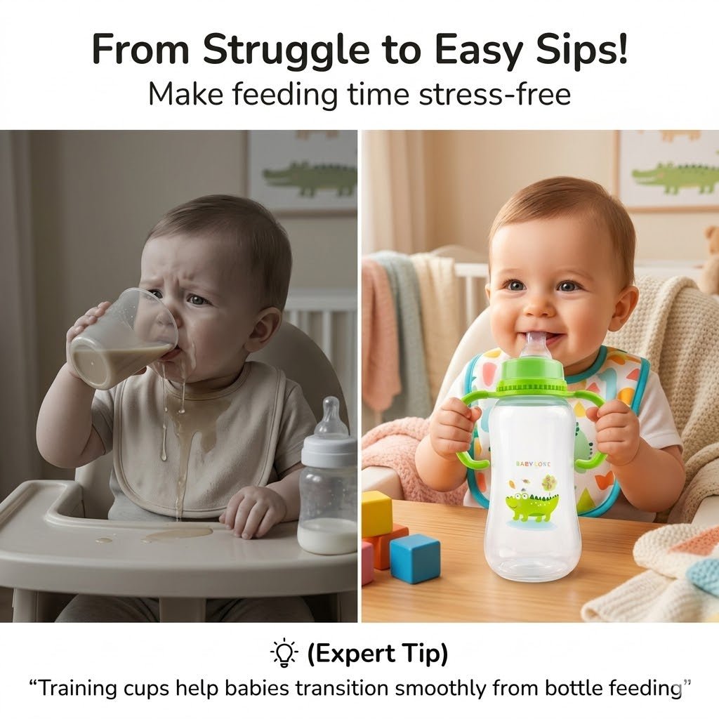 Baby Love Training Sippy Bottle – Soft Nipple, Easy-Grip Handles & Anti-Colic Design