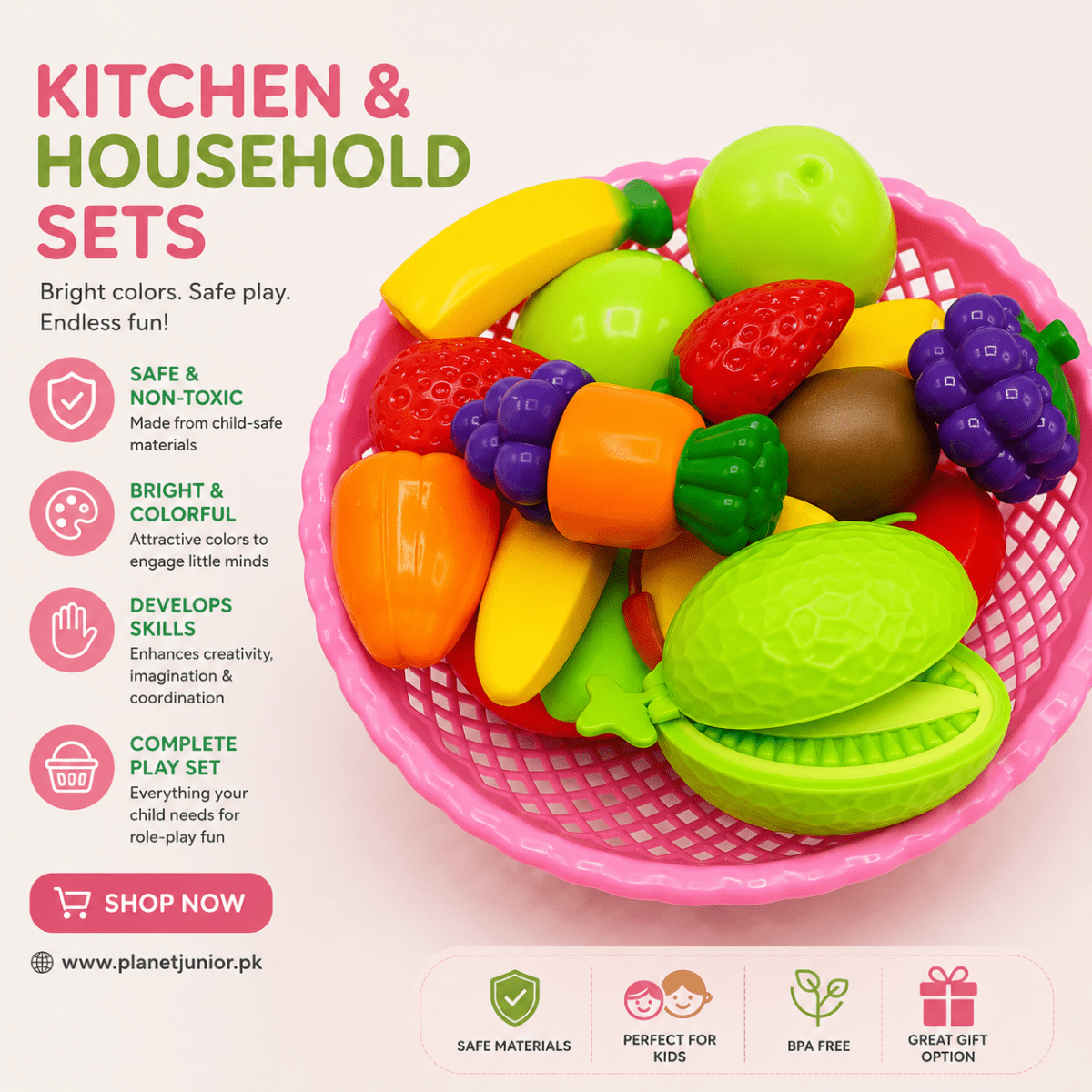 Colorful Pretend Play Fruit & Vegetable Basket Set