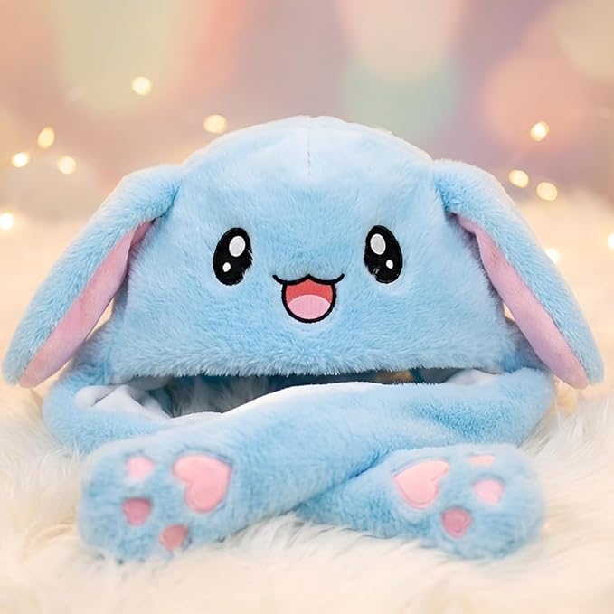 Cute Bunny Blue Winter Hat with Plush Ears & Lights – Soft Warm & Cozy Headwear