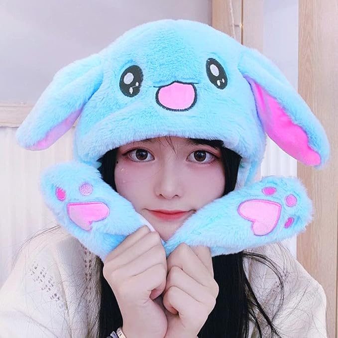 Cute Bunny Blue Winter Hat with Plush Ears & Lights – Soft Warm & Cozy Headwear