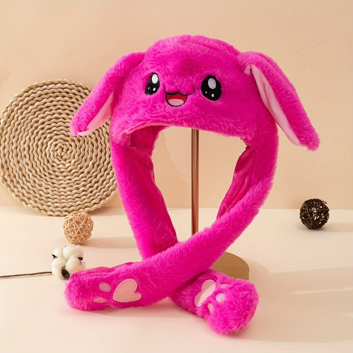 Cute Bunny Dark Pink Winter Hat with Lights & Plush Ears