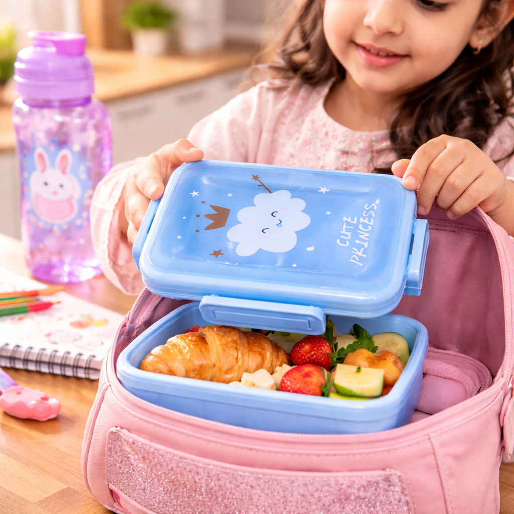 Cute Light Blue Kids Lunch Box – Leakproof Food Container with Spoon & Secure Lock | 1 Pcs