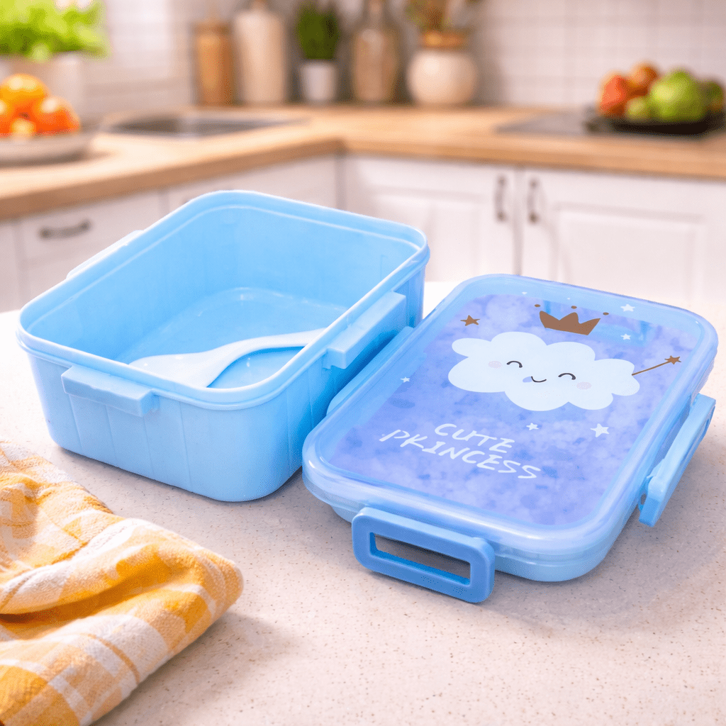Cute Light Blue Kids Lunch Box – Leakproof Food Container with Spoon & Secure Lock | 1 Pcs