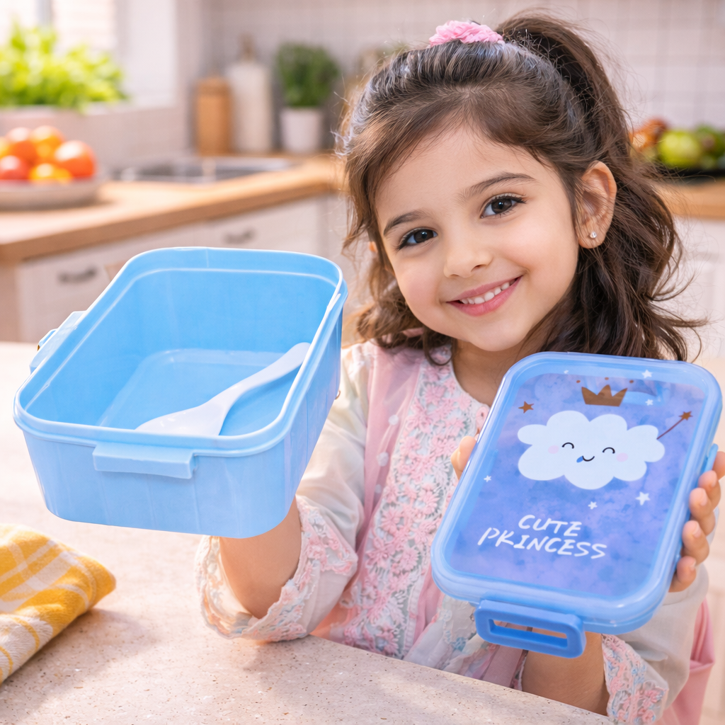 Cute Light Blue Kids Lunch Box – Leakproof Food Container with Spoon & Secure Lock | 1 Pcs