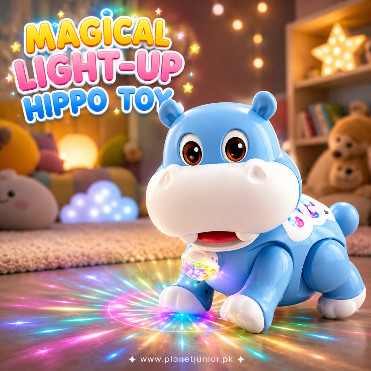 Magical Light-Up Projection Hippo Walking with Colorful LED Floor Lights & Interactive Moving Action