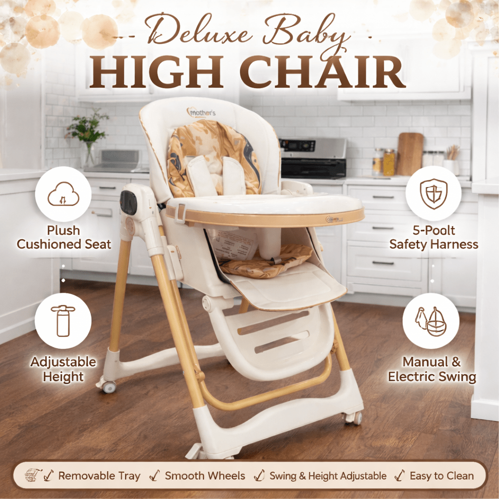 Electric Baby Feeding High Chair with Swing & Height Adjustment – Beige