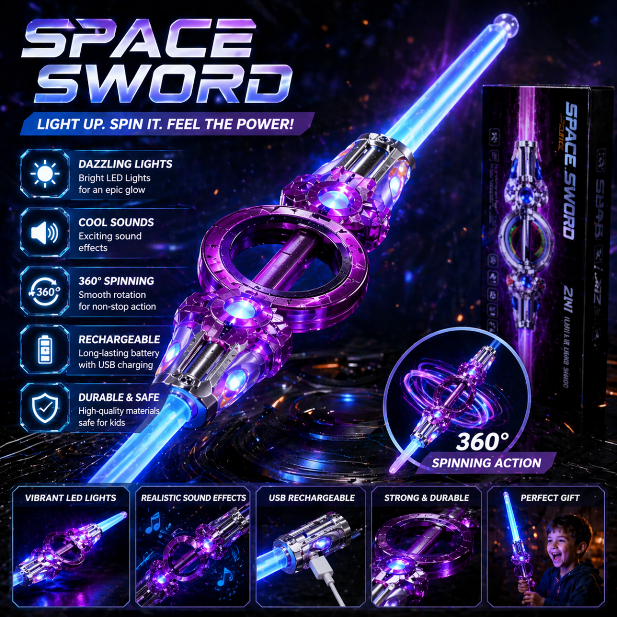 Electric Gyro Light Sword – 360° Spinning LED Action Blade