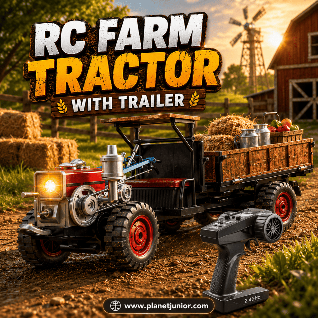 Remote-Controlled Vintage Farm Tractor with Trailer, Working Lights & Full Function Driving Action