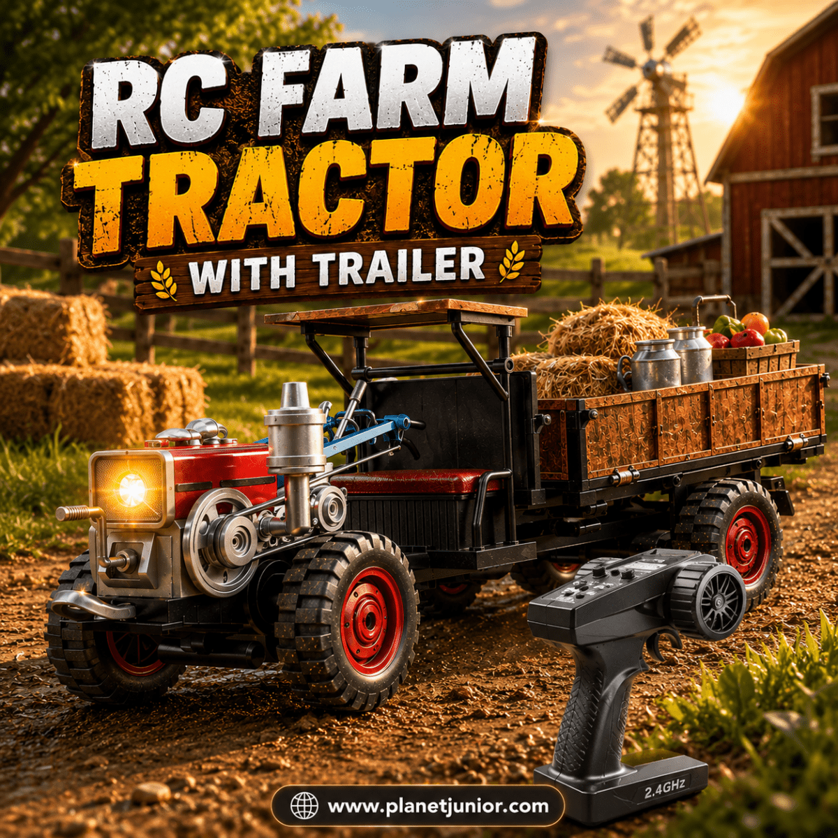 Remote-Controlled Vintage Farm Tractor with Trailer, Working Lights & Full Function Driving Action
