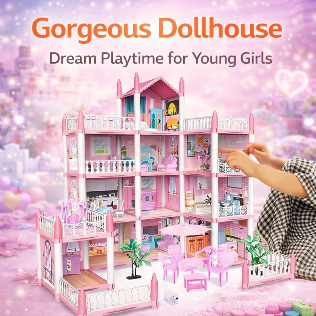 Grand Princess Doll House Mansion – 4-Storey Play House with Furniture