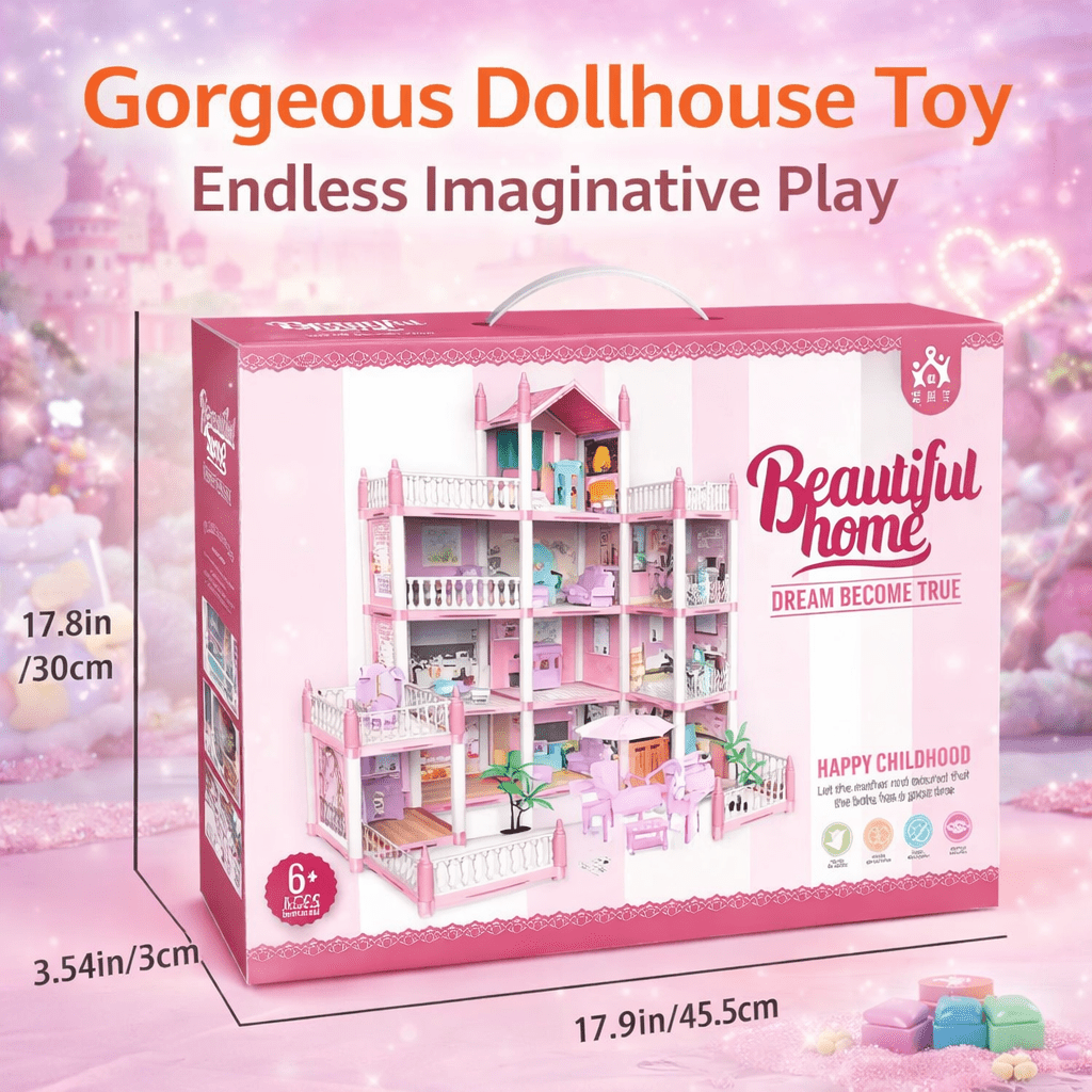Grand Princess Doll House Mansion – 4-Storey Play House with Furniture