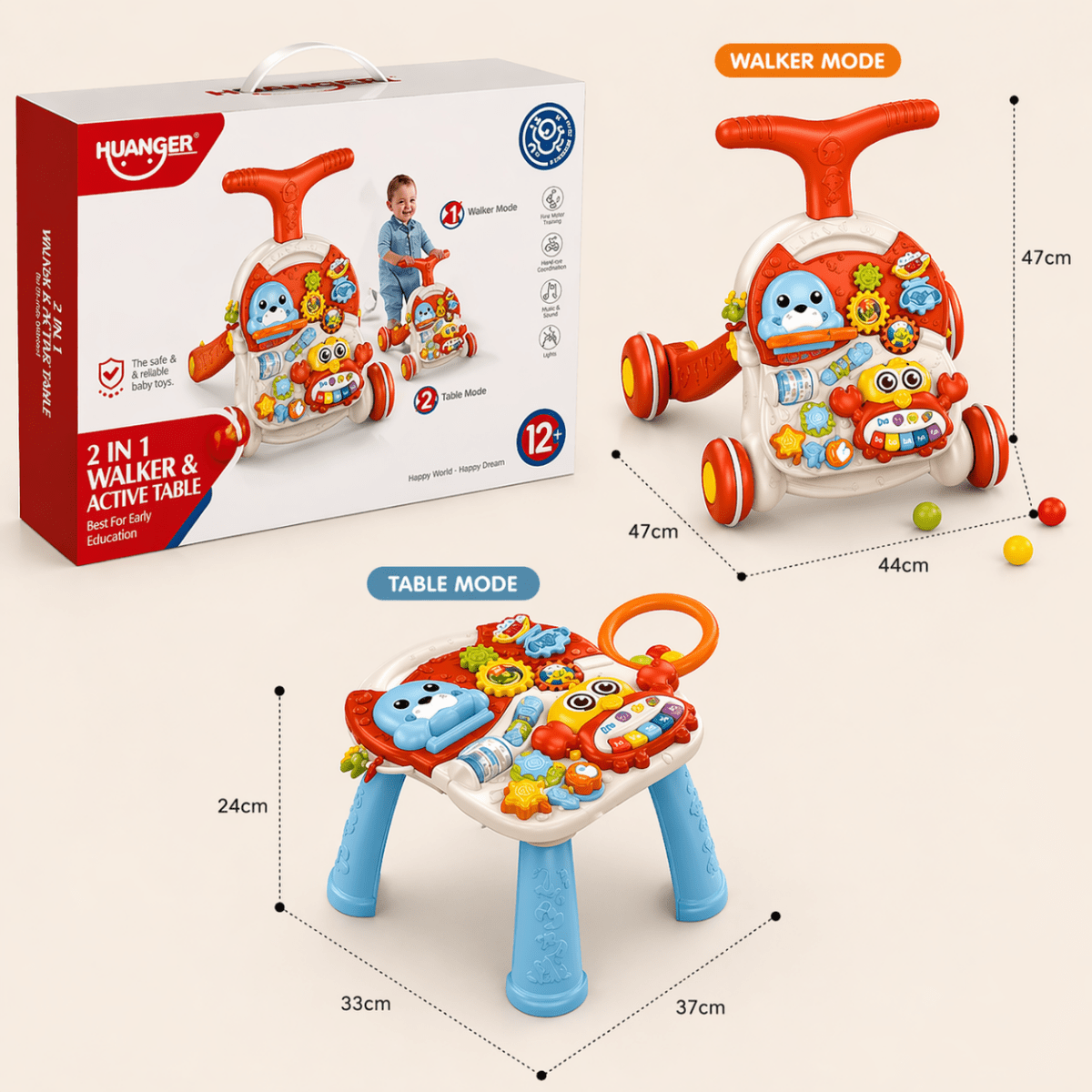 Huanger 2-in-1 Baby Walker & Activity Table – Interactive Learning Play Center
