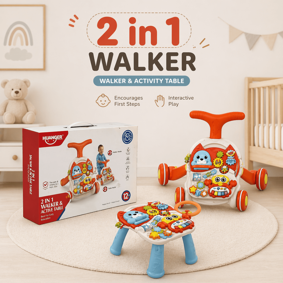 Huanger 2-in-1 Baby Walker & Activity Table – Interactive Learning Play Center