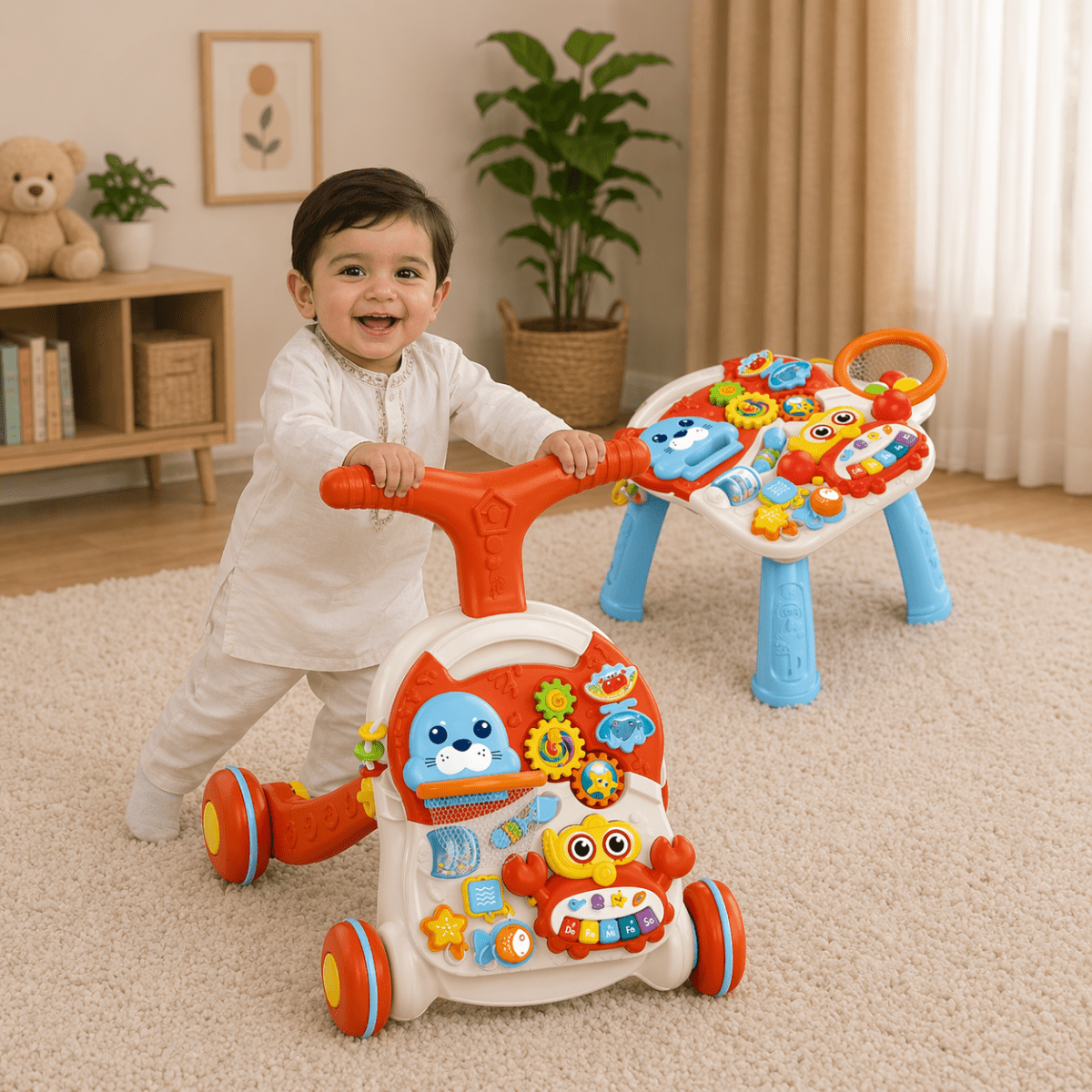 Huanger 2-in-1 Baby Walker & Activity Table – Interactive Learning Play Center