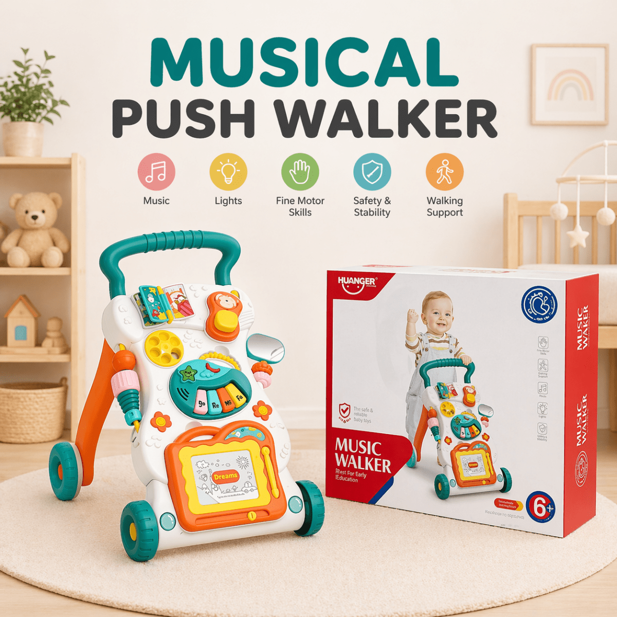 Huanger Large Sounds & Lights Baby Walker – Interactive Learning Push Walker
